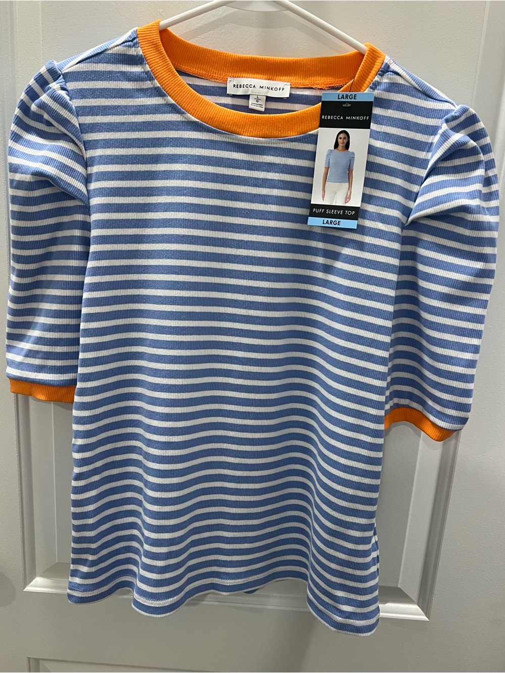 NWT Rebecca Minkoff Blue & White Striped Puff Sleeve Top with Orange Trim